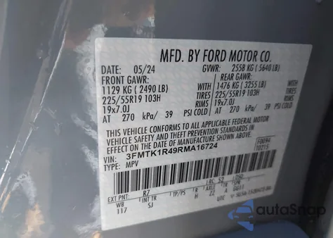 2024 Ford Mustang Mach-E Select from USA, damaged, VIN 3FMTK1R49RMA16724